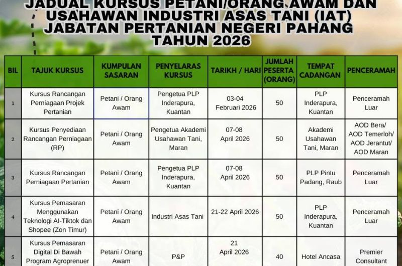 TAKWIM KURSUS PETANI, ORANG AWAM & USAHAWAN INDUSTRI ASAS TANI (IAT) JABATAN PERTANIAN NEGERI PAHANG TAHUN 2026